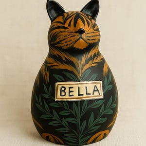 May include: A ceramic cat figurine with a tiger-striped head and black ears. The body is black with green foliage and a rectangular sign that reads "BELLA".
