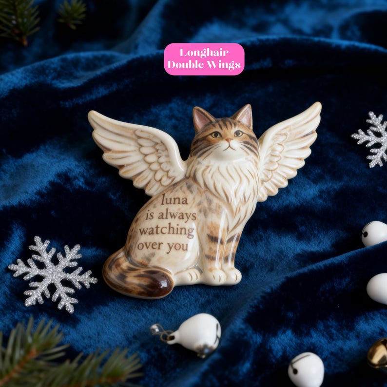 A personalised cat memorial ornament handmade in ceramic, featuring a custom hand-painted portrait of your beloved pet cat. Ideal remembrance or bereavement gift for Christmas tree decoration. Pet loss gift, cat memorial bauble, personalised photo ornament, handmade ceramic keepsake, remembrance gift for loved ones, custom pet memorial, in memory Christmas decoration for cat lovers.