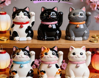 Regalo para amantes de los gatos, gato de la suerte personalizado, Maneki Neko floral, tarro de monedas a medida, tarro para golosinas de gatos, regalo para el cumpleaños de una mamá gata, urna de cerámica para gatos