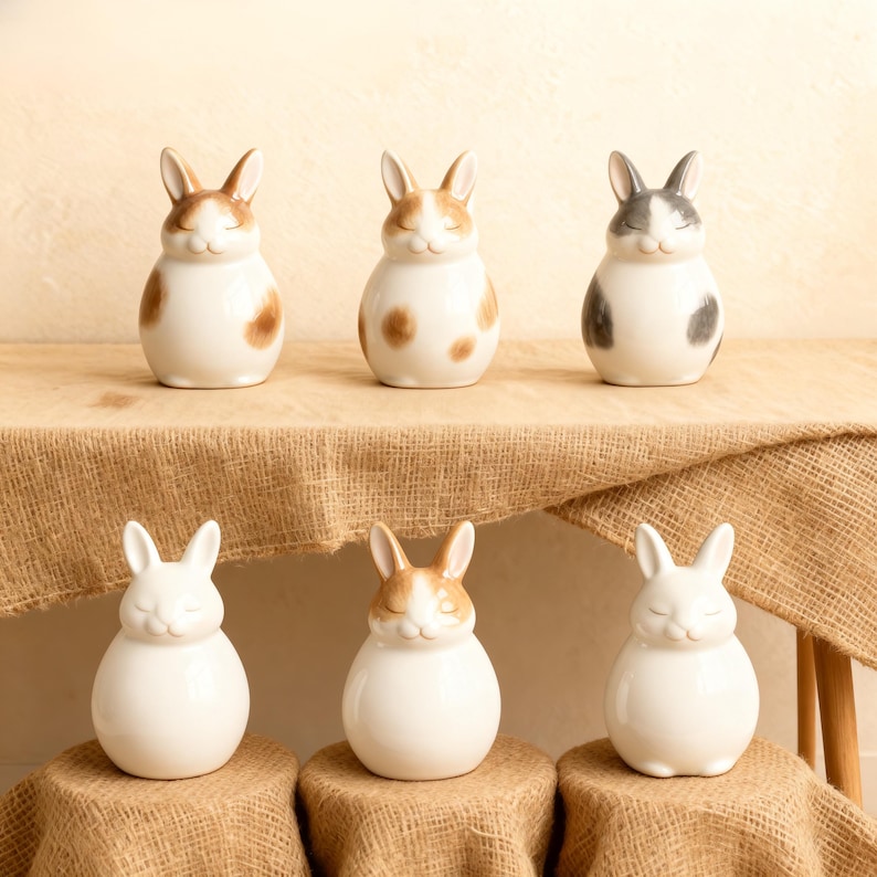 A group of six handmade ceramic rabbit urns in soft neutral colors, perfect memorial keepsakes for bunny ashes. Each personalized bunny urn features unique markings, cute shapes, and names, symbolizing warmth, comfort, and love for your pet rabbit. Ideal ceramic urn gift for rabbit lovers, memorial tribute for pets, handcrafted pottery urn with modern matte glaze for ashes, suitable for indoor home display, bunny memorial pottery for pet loss.
