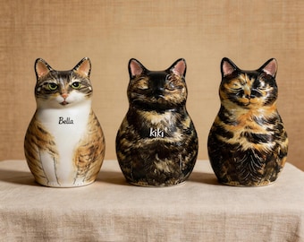 Tortoiseshell Cat Urn, Handmade Underglaze Ceramic Pet Memorial Urn for Ashes, Hand Painted Tortie Cat Loss Gift, Custom Name