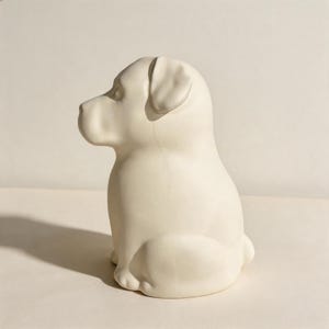May include: A matte off-white ceramic figurine of a sitting puppy shown in profile. The sculpture features smooth, rounded contours, a defined snout, and a single visible ear folded downward. The surface is uniform in color with no markings.