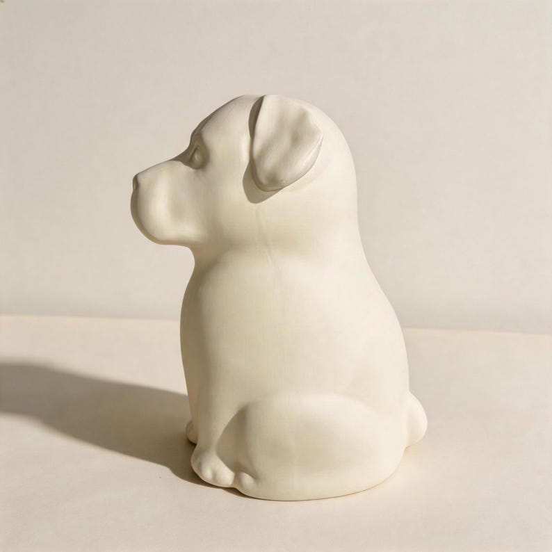 May include: A matte off-white ceramic figurine of a sitting puppy shown in profile. The sculpture features smooth, rounded contours, a defined snout, and a single visible ear folded downward. The surface is uniform in color with no markings.