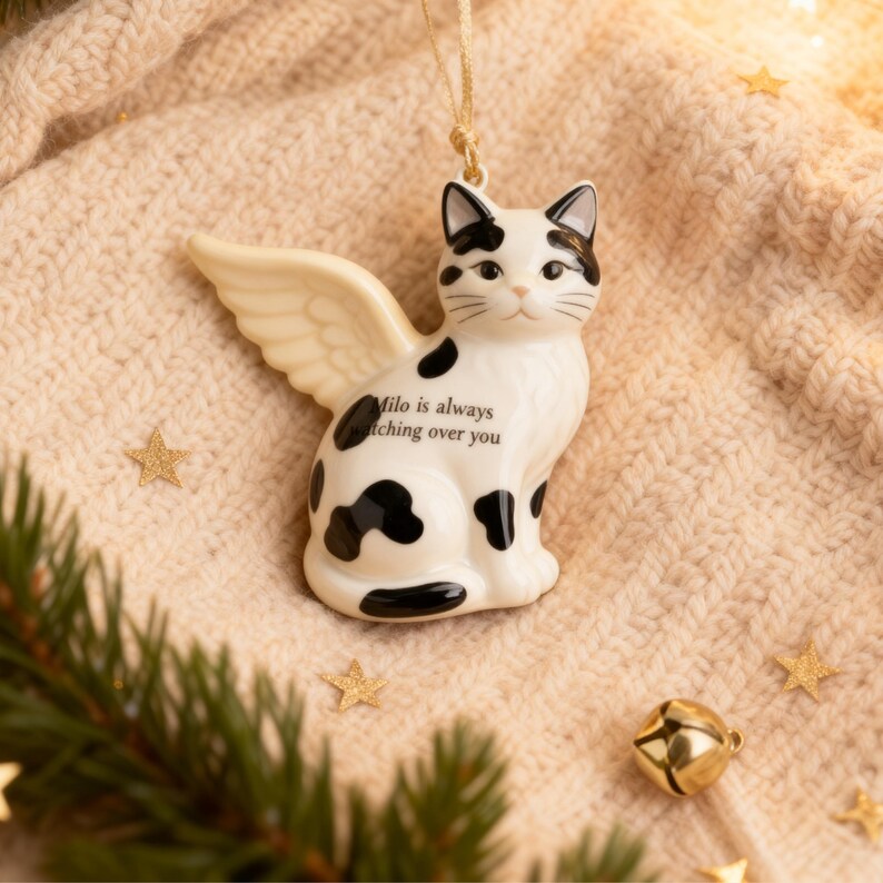 Custom black cat memorial ornament, handmade ceramic keepsake bauble featuring green eyes and minimalist portrait. Pet memorial Christmas ornament, remembrance decoration for loss of cat, personalised sympathy gift, pottery bereavement ornament, handmade memorial bauble, in memory Christmas ornament, ceramic cat urn ornament for pet loss and remembrance.