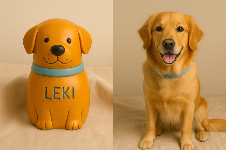 Handcrafted custom dog urn sculpted to resemble a golden retriever, with warm golden glaze, floppy ears, and a turquoise collar, featuring the name “Leki” hand-painted on the front. This bespoke urn is cartoon-inspired yet realistic, designed using photos of your dog to capture unique markings and personality. A vibrant, playful, and deeply personal pet memorial for ashes, perfect for honoring your furry best friend.