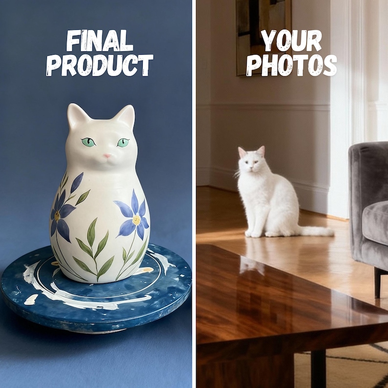 Op de afbeelding: Een witte keramische vaas in de vorm van een kat met blauwe bloemmotieven en groene ogen. De vaas staat op een blauwe keramische plaat met witte accenten. De tekst luidt "FINAL PRODUCT".