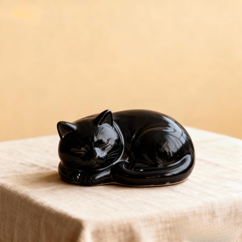 A custom ceramic sleeping cat cremation urn featuring a curled up feline figure sculpted by hand. This personalised ashes urn holds up to 30lb of remains and is painted from customer photos to match markings, colours and personality. A meaningful handmade pet memorial for cat owners seeking a unique cremation container, artisanal urn, or sculptural pet tribute crafted in a serene sleeping position.