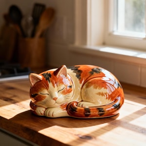 May include: A ceramic cat figurine in a sleeping pose. The cat has a cream-colored base with orange and black markings. Its eyes are closed, and it is curled up, suggesting a peaceful state. The figurine is on a wooden surface.