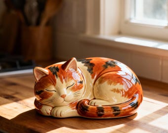 Cat urn handmade ceramic pet memorial ashes urn personalized pottery art sleeping cat shaped keepsake custom feline tribute unique design