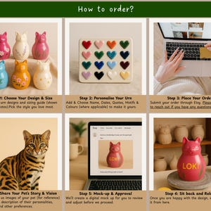 May include: A guide on how to order a custom pet urn. The image shows six cat-shaped urns in various colors, a board with heart-shaped color samples, a laptop, and a Bengal cat. Text includes instructions and the word "LOKI".