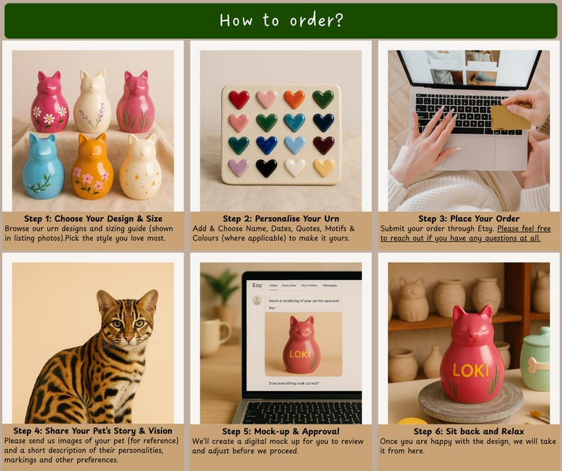May include: A guide on how to order a custom pet urn. The image shows six cat-shaped urns in various colors, a board with heart-shaped color samples, a laptop, and a Bengal cat. Text includes instructions and the word "LOKI".