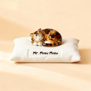 Puede incluir: Figura de cerámica de un gato durmiente con marcas naranjas, marrones y negras, descansando sobre una almohada blanca. La almohada tiene el texto "Mr. Meow Meow" en letras marrones.