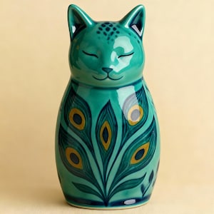 Op de afbeelding: Een turquoise keramieken kattenbeeldje met een pauwenveermotief. De kat heeft gesloten ogen en een lachend gezicht. Het pauwenveermotief heeft gele en turquoise accenten. Het beeldje is ongeveer 25 cm hoog.
