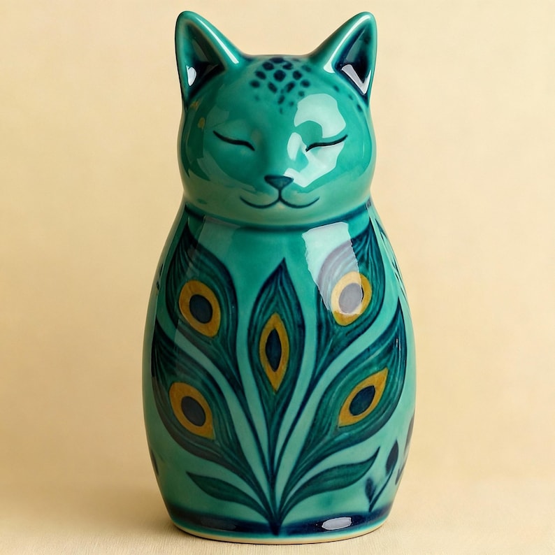 Op de afbeelding: Een turquoise keramieken kattenbeeldje met een pauwenveermotief. De kat heeft gesloten ogen en een lachend gezicht. Het pauwenveermotief heeft gele en turquoise accenten. Het beeldje is ongeveer 25 cm hoog.