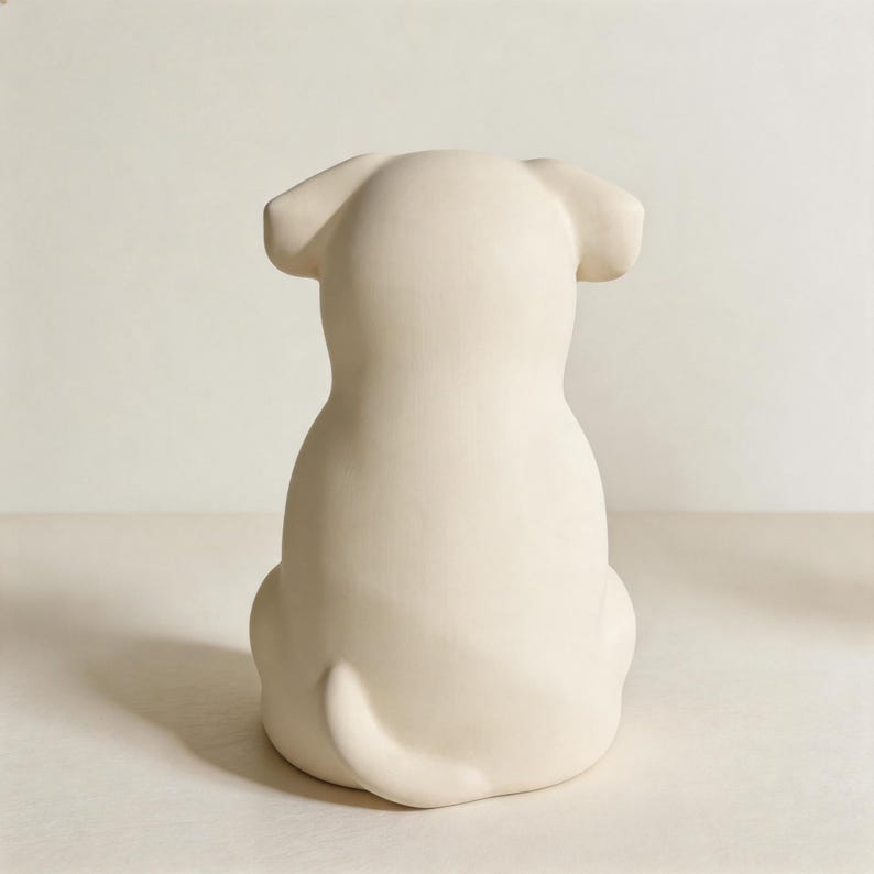 May include: A matte off-white ceramic figurine shaped like a dog, viewed from the back. The sculpture features a smooth, solid surface with rounded ears, a curved tail at the base, and a simple, clean silhouette representing a seated canine form.