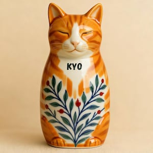 Op de afbeelding: Oranje en witte keramische kattenfiguur met gesloten ogen. De figuur heeft een bloemenontwerp in blauw, groen en rood. Het woord "KYO" staat op de borst gedrukt. De kat zit.
