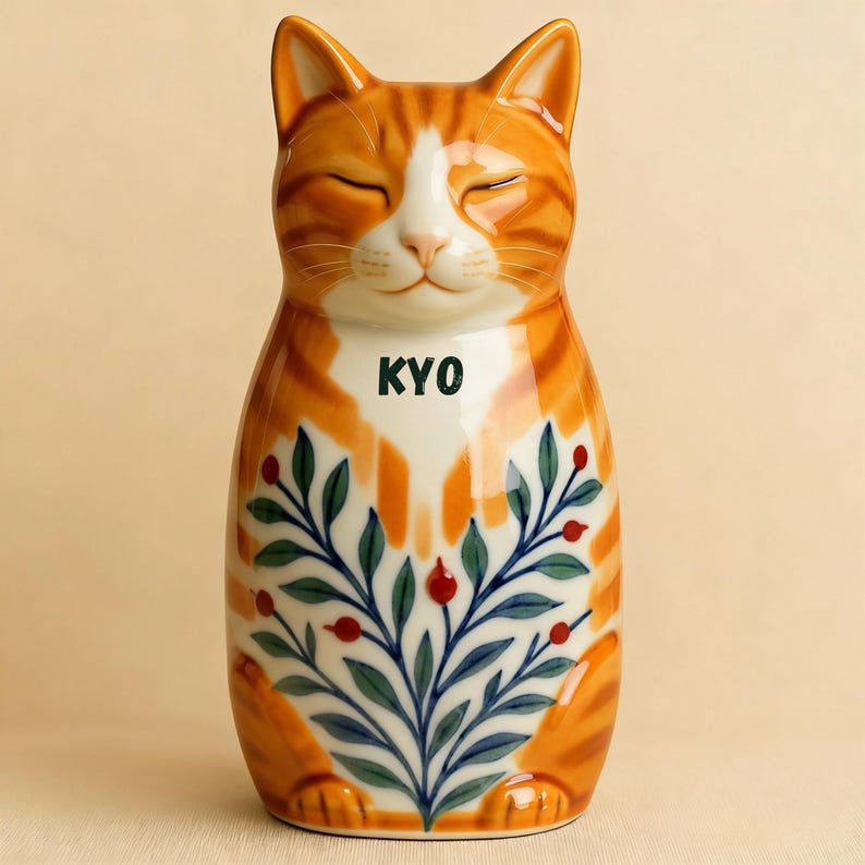 Op de afbeelding: Oranje en witte keramische kattenfiguur met gesloten ogen. De figuur heeft een bloemenontwerp in blauw, groen en rood. Het woord "KYO" staat op de borst gedrukt. De kat zit.