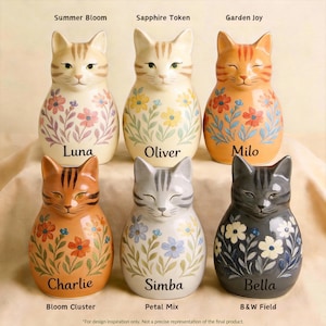 May include: Six ceramic cat ornaments with floral patterns. Each cat has a unique colour scheme and name: Luna, Oliver, Milo, Charlie, Simba, and Bella. The text "Summer Bloom", "Sapphire Token", "Garden Joy", "Bloom Cluster", "Petal Mix", and "B&W Field" are also visible.