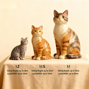 May include: Three ceramic cat figurines of different sizes. The smallest is grey with stripes, the middle one is orange with stripes, and the largest is orange, brown, and white. Sitting heights are up to 18cm, 25cm, and 35cm, respectively.
