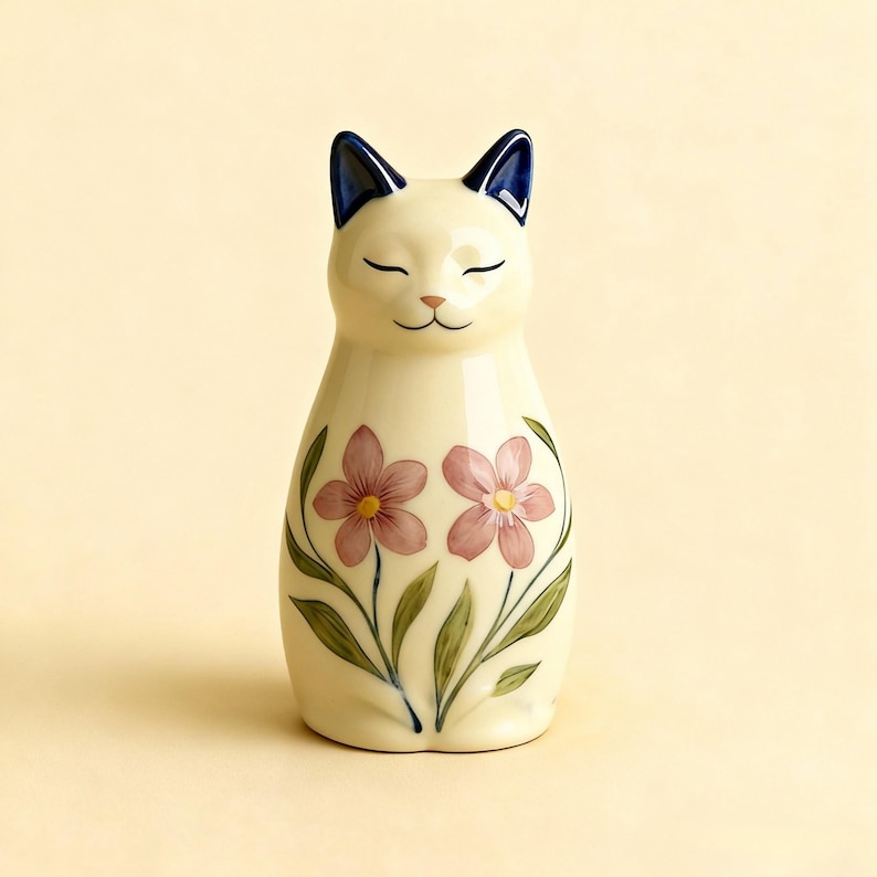 Op de afbeelding: Cr&egrave;mekleurig keramieken kattenbeeldje met gesloten ogen en een glimlachende uitdrukking. De kat heeft donkerblauwe oren en is versierd met twee roze bloemen en groene bladeren. Een decoratief item voor kattenliefhebbers.