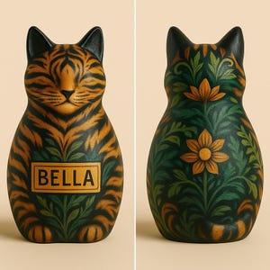 Midnight Moon cat urn, a black glossy ceramic vessel adorned with shimmering golden moons, stars, and celestial patterns. This unique handmade urn glows with symbolism—peace, eternity, and guidance in the night sky. Sculpted in a serene cat shape, it provides a heartfelt resting place while doubling as an art piece. Personalization is available, ensuring each memorial is tailored to your beloved cat’s story.