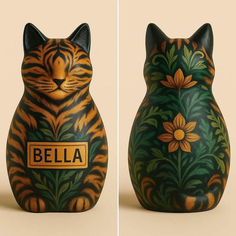 Midnight Moon cat urn, a black glossy ceramic vessel adorned with shimmering golden moons, stars, and celestial patterns. This unique handmade urn glows with symbolism—peace, eternity, and guidance in the night sky. Sculpted in a serene cat shape, it provides a heartfelt resting place while doubling as an art piece. Personalization is available, ensuring each memorial is tailored to your beloved cat’s story.