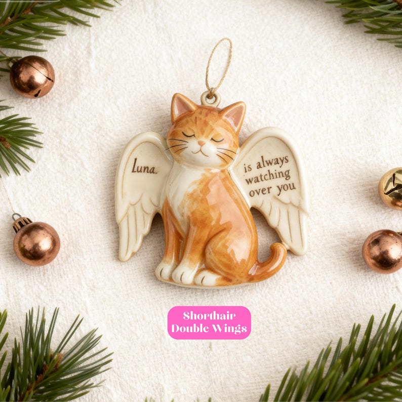 Custom ceramic pet memorial ornament in matte grey glaze with gold hanging ribbon. Handmade remembrance Christmas bauble for cat or kitten, personalised with name or photo. Perfect cat loss sympathy gift, pet ashes keepsake, in memory decoration, cat bereavement ornament, personalised Christmas decoration, pet remembrance bauble, pottery ornament, handmade memorial cat gift.