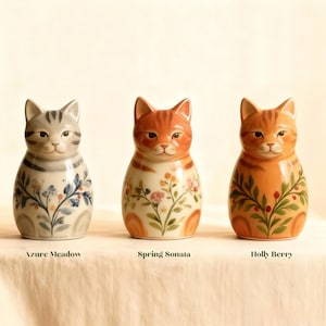 May include: Three ceramic cat figurines in a row. The first is gray with blue floral accents and the text "Azure Meadow". The second is orange with pink floral accents and the text "Spring Sonata". The third is orange with green and red accents and the text "Holly Berry".