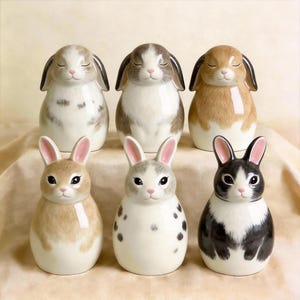 May include: Six ceramic bunny figurines in various colors and patterns. The top row features bunnies with closed eyes and floppy ears, while the bottom row has bunnies with open eyes and upright ears. Colors include white, brown, gray, and black.