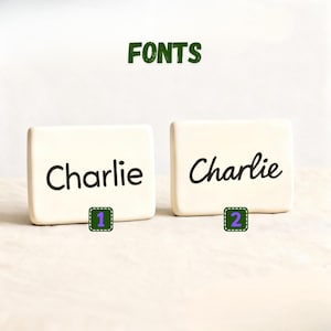 Op de afbeelding: Twee cr&egrave;mekleurige rechthoekige blokken met de naam "Charlie" in het zwart geschreven. Het woord "FONTS" staat in het groen boven de blokken. Elk blok heeft een nummer in een groene vierkant.