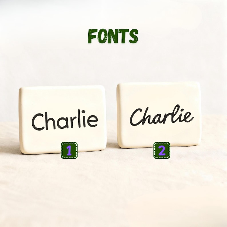 Op de afbeelding: Twee cr&egrave;mekleurige rechthoekige blokken met de naam "Charlie" in het zwart geschreven. Het woord "FONTS" staat in het groen boven de blokken. Elk blok heeft een nummer in een groene vierkant.