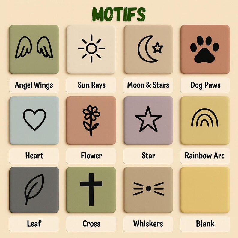 May include: A grid of twelve square tiles featuring the title MOTIFS at the top. Each tile displays a unique black icon including angel wings, sun rays, moon and stars, dog paws, heart, flower, star, rainbow arc, leaf, cross, whiskers, and one blank.