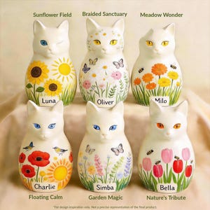 Peut inclure: Six figurines en céramique blanche en forme de chat, décorées de motifs floraux et naturels. Chaque chat a des couleurs d'yeux uniques et des noms : Luna, Oliver, Milo, Charlie, Simba et Bella. Le texte sur l'image indique : "Sunflower Field", "Braided Sanctuary", "Meadow Wonder", "Floating Calm", "Garden Magic" et "Nature's Tribute".