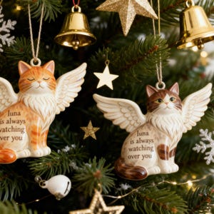 Soft beige ceramic cat ornament, personalised memorial Christmas bauble for cat loss. Handmade remembrance gift, pottery keepsake ornament, in memory decoration, custom cat memorial ornament with name or date, pet ashes keepsake, cat bereavement ornament, handmade ceramic cat memorial gift, personalised remembrance Christmas ornament for cat lovers.