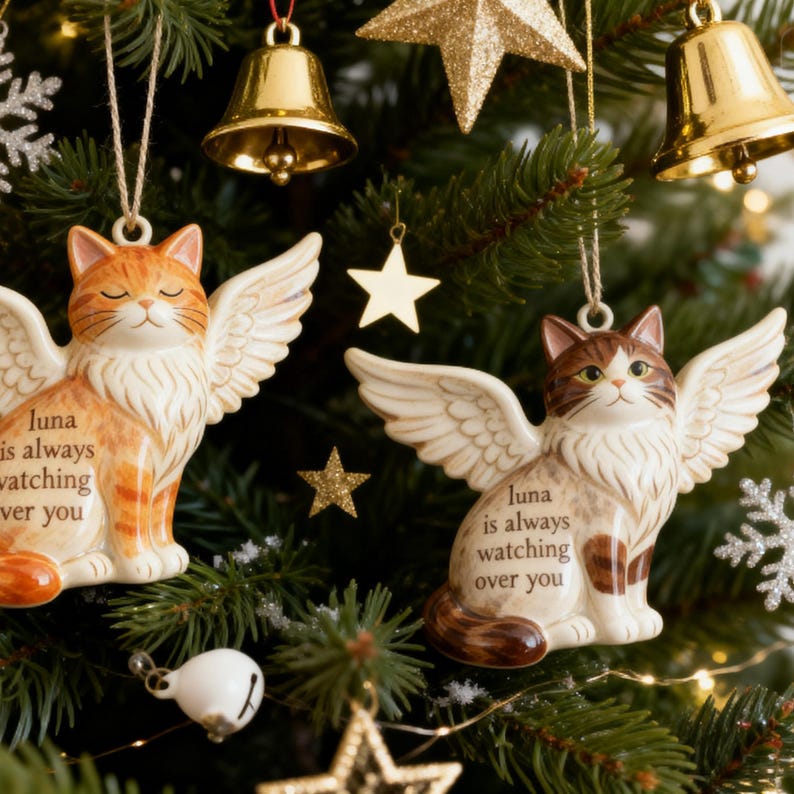 Soft beige ceramic cat ornament, personalised memorial Christmas bauble for cat loss. Handmade remembrance gift, pottery keepsake ornament, in memory decoration, custom cat memorial ornament with name or date, pet ashes keepsake, cat bereavement ornament, handmade ceramic cat memorial gift, personalised remembrance Christmas ornament for cat lovers.