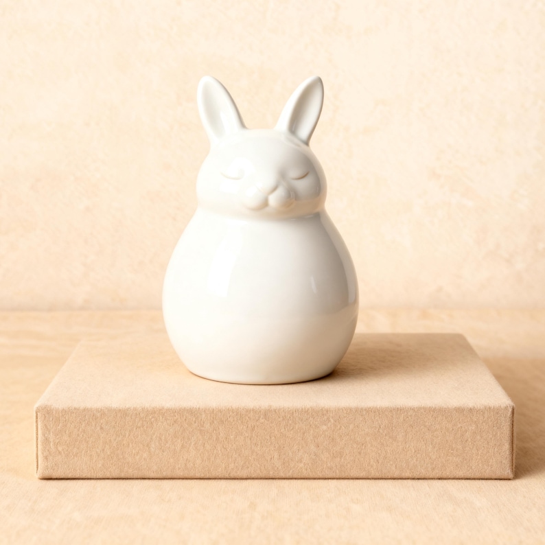 Elegant pure white ceramic bunny urn, handmade pottery urn for rabbit ashes, symbolizing peace and eternal rest. A perfect personalized rabbit urn for memorial tribute, this simple yet beautiful ashes keepsake is designed for pet lovers who value minimalism. Crafted from high-quality ceramic, it’s ideal as a pet loss gift or home remembrance urn for rabbits, handmade pottery jar with lid for bunny ashes storage.