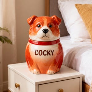 May include: A ceramic jar shaped like a dog with orange and white fur, a red collar, and the word COCKY printed in dark brown letters on the front. The dog has a black nose, dark eyes, and floppy ears, with the head serving as a removable lid.