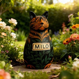 Op de afbeelding: Decoratief kattenbeeld met een zwarte basis, oranje tijgerachtige markeringen en een naamplaatje met de tekst "MILO". Het beeld heeft groene blad- en bloemmotieven. De oren en het gezicht van de kat hebben oranje en zwarte strepen.