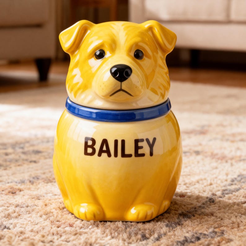 May include: A yellow ceramic dog-shaped jar with a glossy finish. The dog has a black nose, dark eyes, and a blue collar around its neck. The name BAILEY is printed in bold black capital letters on the front of the jar body. The lid is shaped like the head of the dog.