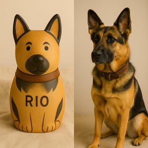 Unique ceramic German shepherd urn personalized with the name “Rio,” hand-painted in warm ochre tones with distinctive black saddle markings and upright ears. The urn mirrors the dog’s photo likeness, blending cartoon-style charm with heartfelt detail. Featuring a brown collar and glossy glaze finish, this custom pet memorial holds ashes while celebrating loyalty, strength, and personality. Made one-of-one for each dog.
