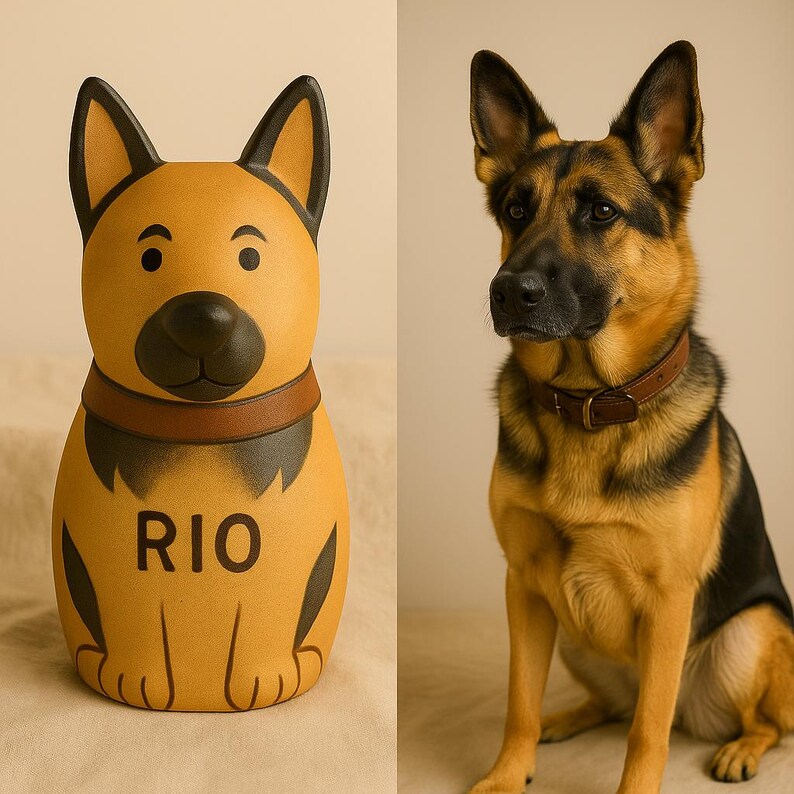 Unique ceramic German shepherd urn personalized with the name “Rio,” hand-painted in warm ochre tones with distinctive black saddle markings and upright ears. The urn mirrors the dog’s photo likeness, blending cartoon-style charm with heartfelt detail. Featuring a brown collar and glossy glaze finish, this custom pet memorial holds ashes while celebrating loyalty, strength, and personality. Made one-of-one for each dog.