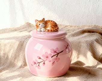 Urna de cerámica floral para gatos, color rojo cereza, diseño nomeolvides, recuerdo conmemorativo para mascotas, urna hecha a mano.