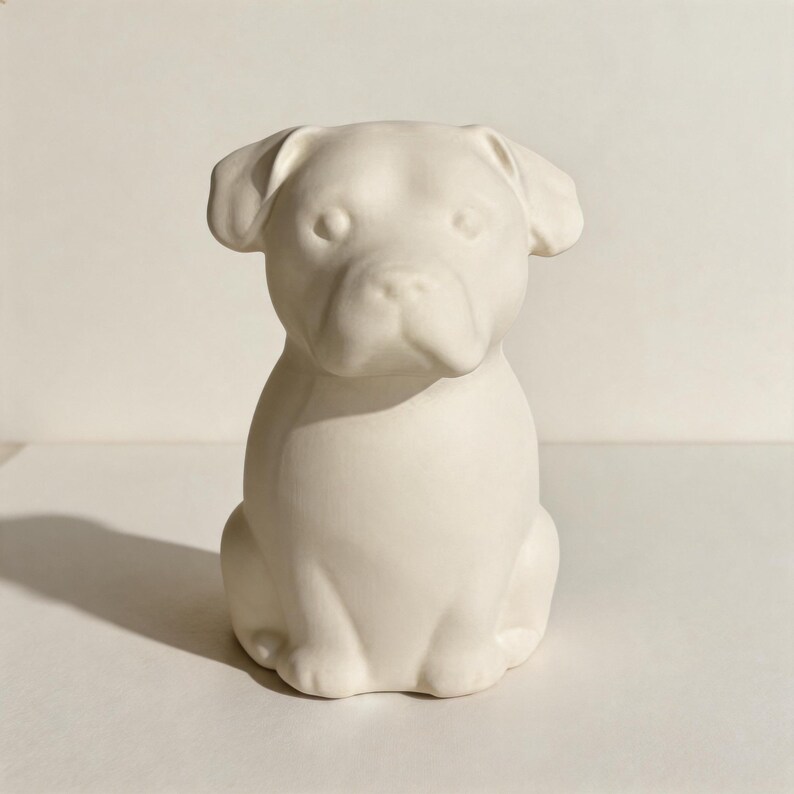 May include: A matte off-white ceramic figurine shaped like a seated dog. The sculpture features a smooth, unpainted surface with defined facial features, including floppy ears, a broad snout, and a rounded body, presented in a neutral tone.