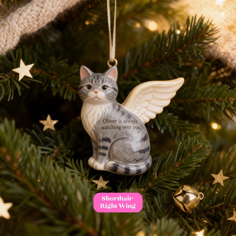 Custom cat memorial ornament with celestial starry pattern, designed for dreamers and stargazers. Hand-painted ceramic keepsake, perfect in memory Christmas decoration, personalised cat ornament, remembrance bauble for pet loss, sympathy gift, pet memorial Christmas bauble, bereavement ornament, handmade ceramic art for cat lovers and families remembering pets.