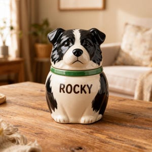 May include: A ceramic cookie jar shaped like a dog with black and white markings, featuring a green collar around the neck and the name ROCKY printed in dark brown letters on the front. The lid is the head of the dog with floppy ears.