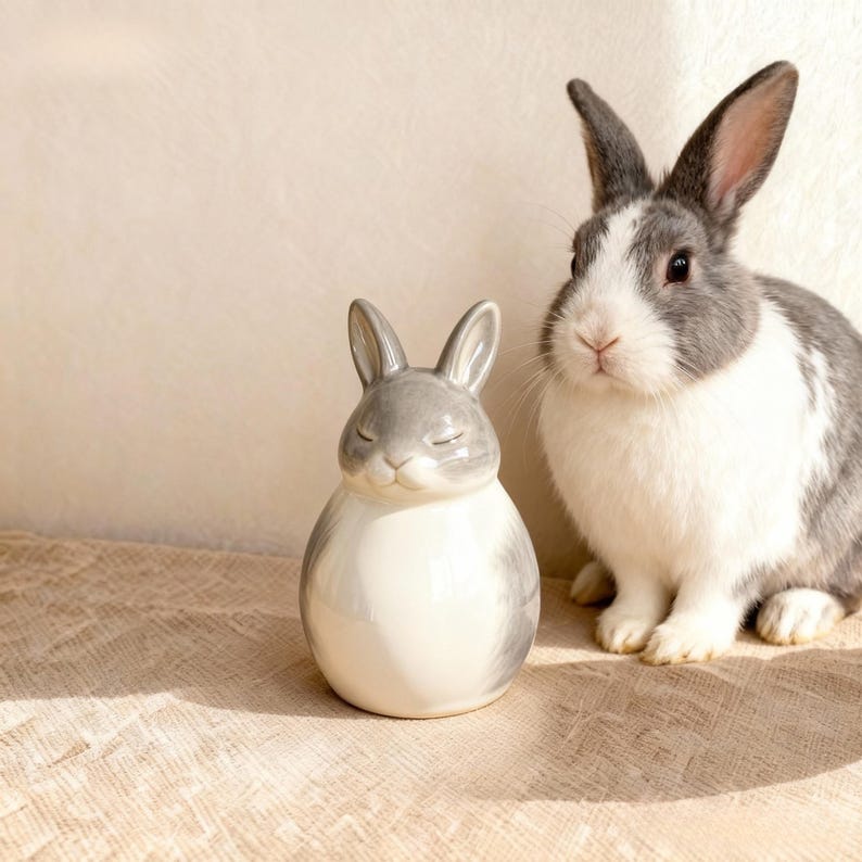 Puede incluir: Una figura de conejo de cer&aacute;mica gris y blanca con los ojos cerrados, junto a un conejo vivo gris y blanco. La figura tiene orejas largas y un cuerpo redondeado. El conejo vivo tiene las orejas erguidas y mira a la c&aacute;mara.