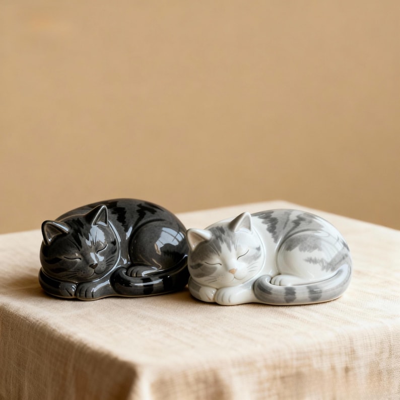 A ceramic curled up cat cremation urn designed in a peaceful sleeping shape, offering a personalised memorial for beloved pets up to 13.5kg or 30lb. Handcrafted and custom painted from photos to reflect markings and personality. This artisan pet urn provides secure ashes storage and a gentle sculptural form. Ideal for cat owners seeking a unique handmade urn, custom pet remembrance art or pottery cremation keepsake.