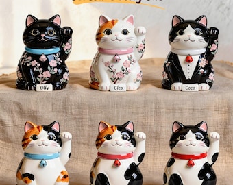 Regalo de condolencia para gatos, recuerdo personalizado de gato de la suerte pintado a partir de fotos, nombre en el collar, monumento conmemorativo del Puente Arcoíris, urna de cerámica para gatos, Maneki Neko