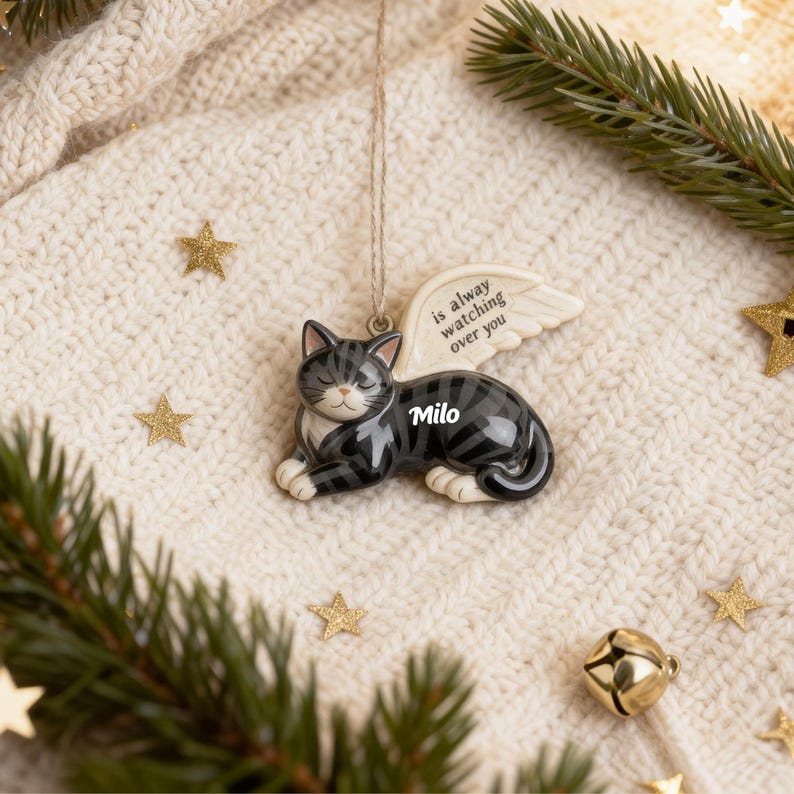 Soft beige ceramic cat ornament, personalised memorial Christmas bauble for cat loss. Handmade remembrance gift, pottery keepsake ornament,sympathy gifts for pet loss, cat memorial photo decorations, pet bereavement ornaments, unique in memory ceramic keepsakes for cat owners.