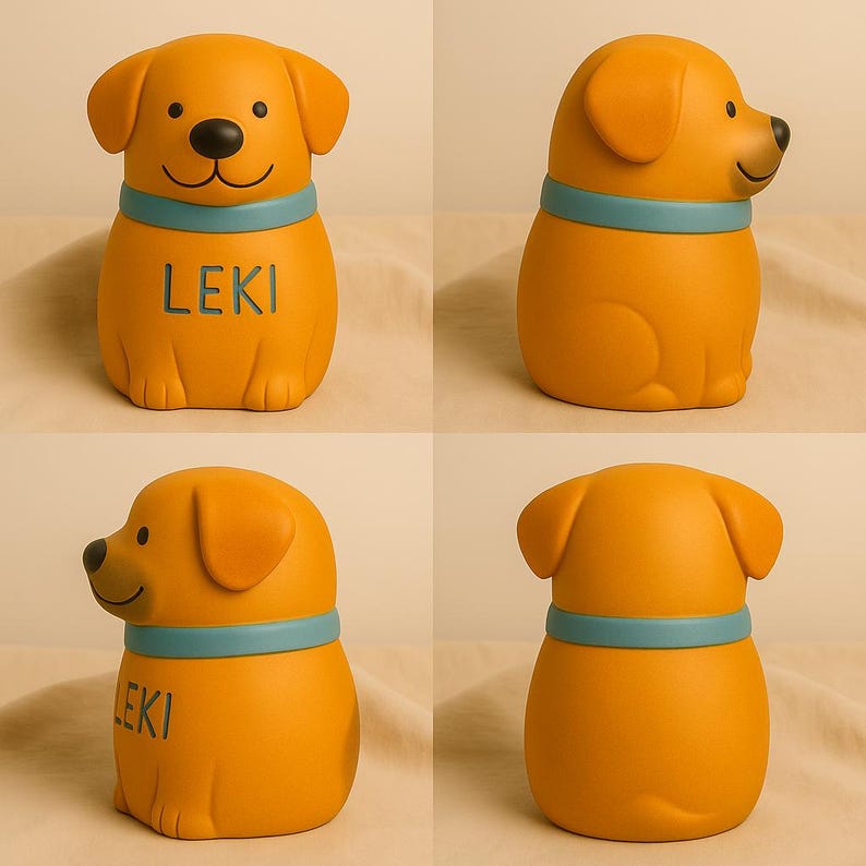 Bespoke golden retriever urn named “Leki,” hand-sculpted from ceramic and painted in bright amber-orange glaze. Features soft floppy ears, a rounded muzzle, and a sky-blue collar. Designed from real pet photos, the urn highlights lifelike markings while keeping a cheerful cartoon-inspired look. Holds ashes securely, honoring a beloved dog with personalization options including name, collar color, and motifs.